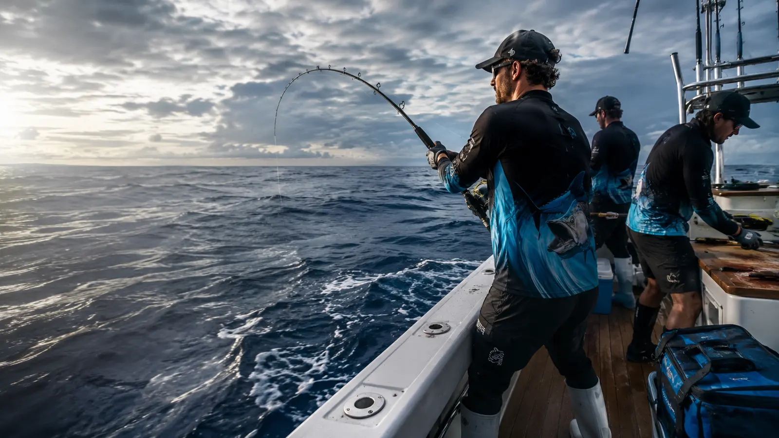 Anglers fighting a fish from the Kamikaze deck