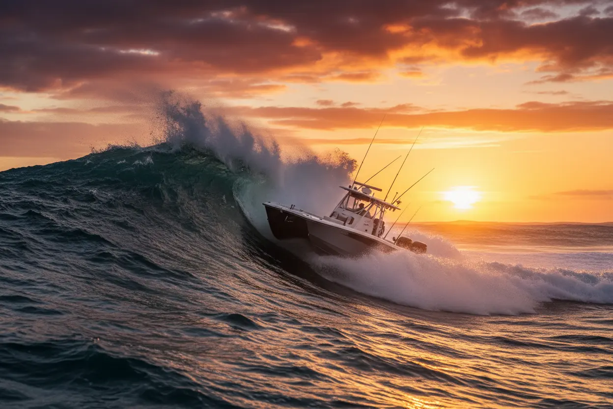 Boat punching through a wave at sunset