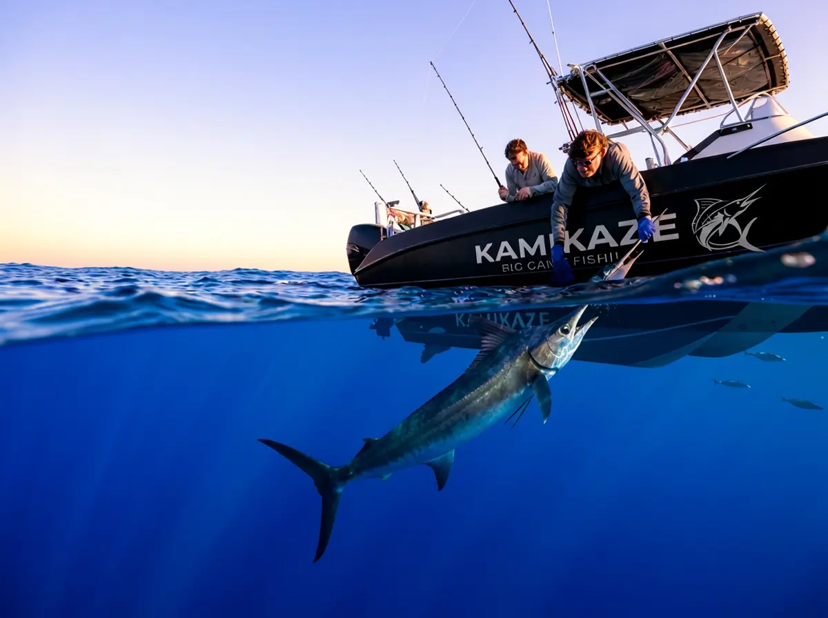 Kamikaze crew releasing a marlin beside the boat