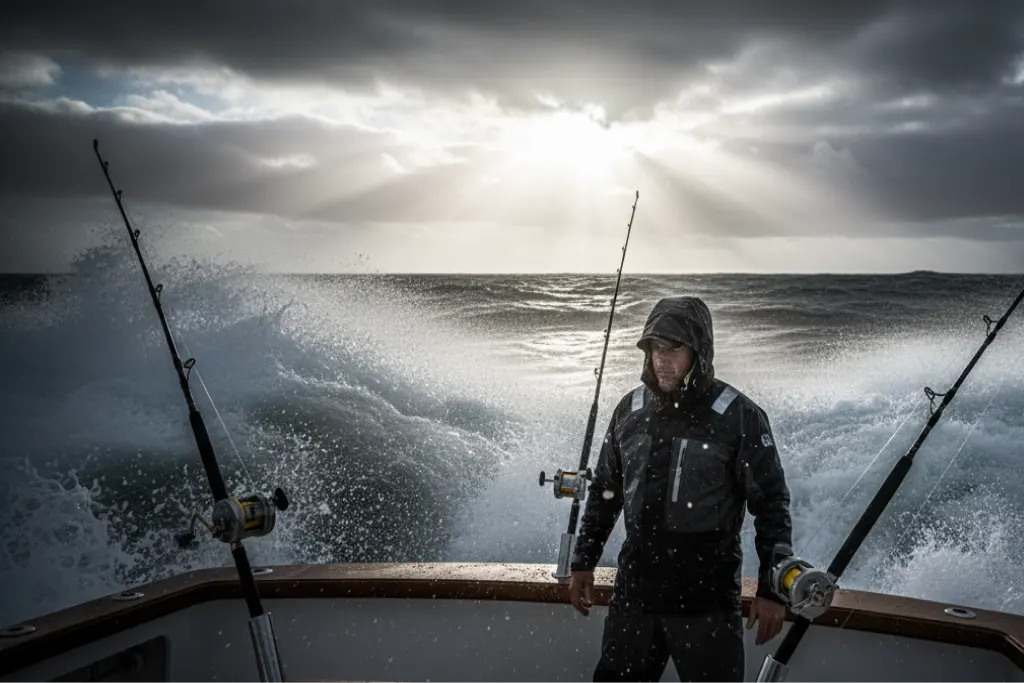 Angler in foul-weather gear on a heaving deck